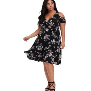 38. Torrid EUC black floral cold shoulder faux wrap dress